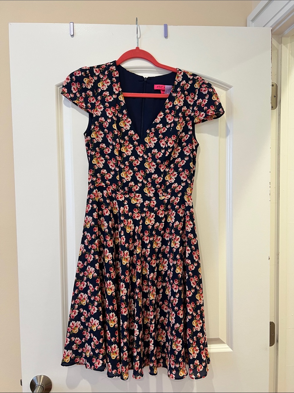Betsey Johnson Navy Floral V‑Neck Fit & Flare Midi Dress